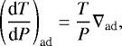 \begin{equation*}\left(\frac{\textrm{d}{T}}{\textrm{d}{P}}\right)_{\textrm{ad}} = \frac{T}{P}\nabla_{\textrm{ad}}, \end{equation*}