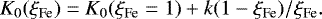 \begin{align*}K_0(\xi_{\textrm{Fe}}) = K_0(\xi_{\textrm{Fe}}=1) &#x002B; k (1-\xi_{\textrm{Fe}})/\xi_{\textrm{Fe}}. \end{align*}