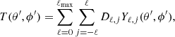 $$ \begin{aligned} T (\theta^\prime , \phi^\prime ) = \sum _{\ell =0}^{\ell _{\rm max}} \sum _{j=-\ell }^{\ell } D_{\ell ,j} Y_{\ell ,j}(\theta^\prime , \phi^\prime ), \end{aligned} $$