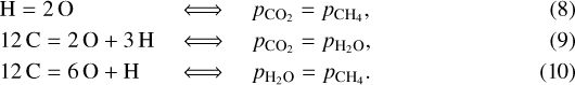 \begin{eqnarray} \hspace*{-6pt}&&\textrm{H} = 2\,\textrm{O} \hspace*{9mm} \quad\quad\Longleftrightarrow\quad \pCO2 = \pCH4,\\ \hspace*{-6pt} &&12\,\textrm{C} = 2\,\textrm{O} &#x002B; 3\,\textrm{H} \quad\Longleftrightarrow\quad \pCO2 = \pH2O,\\ \hspace*{-6pt} &&12\,\textrm{C} = 6\,\textrm{O} &#x002B; \textrm{H} \hspace*{2.3mm} \quad\Longleftrightarrow\quad \pH2O = \pCH4. \end{eqnarray}