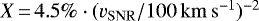 $ X\,{=}\,4.5\%\cdot(v_{\mathrm{SNR}}/100\,\mathrm{km\,s^{-1}})^{-2}$