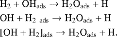 \begin{align*} &\textrm{H}_2 &#x002B; \textrm{OH}_{\textrm{ads}} \rightarrow {\textrm{H}}_2\textrm{O}_{\textrm{ads}} &#x002B; \textrm{H}\nonumber\\ &\textrm{OH} &#x002B; \textrm{H}_{\textrm{2~ ads}} \rightarrow {\textrm{H}}_2\textrm{O}_{\textrm{ads}} &#x002B; \textrm{H}\nonumber\\ &[\textrm{OH} &#x002B; \textrm{H}_2]_{\textrm{ads}} \rightarrow {\textrm{H}}_2\textrm{O}_{\textrm{ads}} &#x002B; \textrm{H}.\nonumber \end{align*}