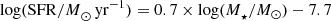 $$ \begin{aligned} {\log (\mathrm{SFR}/M}_{\odot }\,\mathrm{yr} ^{-1}) = 0.7 \times {\log (M}_{\star }/{M}_{\odot }) - 7.7 \end{aligned} $$