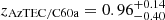 $ z_{\mathrm{AzTEC/C60a}} = 0.96^{+0.14}_{-0.40} $