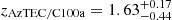 $ z_{\mathrm{AzTEC/C100a}} = 1.63^{+0.17}_{-0.44} $