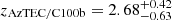 $ z_{\mathrm{AzTEC/C100b}} = 2.68^{+0.42}_{-0.63} $