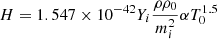$$ \begin{aligned} H=1.547\times 10^{-42} Y_{i} \frac{\rho \rho _{0}}{m_{i}^{2}} \alpha T^{1.5}_{0} \end{aligned} $$