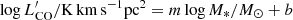 $ \log L^{\prime}_{\mathrm{CO}}/\mathrm{K\, km\, s}^{-1} \mathrm{pc}^{2} = m \log M_{\ast}/M_{\odot} + b $