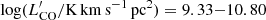 $ \log(L^{\prime}_{\mathrm{CO}}/\mathrm{K\, km\, s}^{-1}\, \mathrm{pc}^{2})=9.33{-}10.80 $
