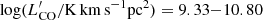 $ \log(L^{\prime}_{\mathrm{CO}}/\mathrm{K\, km\, s}^{-1} \mathrm{pc}^{2})=9.33{-}10.80 $