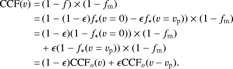 \begin{align*} \textrm{CCF}(v)=&\,(1-f)\times (1-f_{\textrm{m}})\nonumber\\ =&\,(1-(1-\epsilon)f_*(v=0)-\epsilon f_*(v=v_{\textrm{p}}))\times (1-f_{\textrm{m}})\nonumber\\ =&\,(1-\epsilon)(1-f_*(v=0))\times (1-f_{\textrm{m}})\nonumber\\ &&#x002B;\epsilon(1-f_*(v=v_{\textrm{p}}))\times (1-f_{\textrm{m}})\nonumber\\ =&\,(1-\epsilon)\textrm{CCF}_o(v)&#x002B;\epsilon {\textrm{CCF}}_o(v-v_{\textrm{p}}).\end{align*}