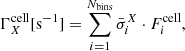 $$ \begin{aligned} \Gamma _X^\mathrm{cell} [\mathrm{s}^{-1}] = \sum _{i=1}^{N_{\mathrm{bins}}} \bar{\sigma }_i^X \cdot F_i^{\mathrm{cell}}, \end{aligned} $$