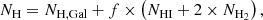 $$ \begin{aligned} N_{\rm H}=N_{\rm H,Gal}+f\times \left(N_{\rm HI}+2\times N_{\rm H_2}\right) , \end{aligned} $$