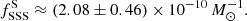 $$ \begin{aligned} f_{\rm SSS}^\mathrm{S}\approx (2.08\pm 0.46)\times 10^{-10}\, M_{\odot }^{-1}. \end{aligned} $$