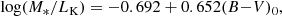 $$ \begin{aligned} \mathrm{log}(M_{*}/L_{\rm K}) = -0.692+0.652(B{-}V)_{0}, \end{aligned} $$