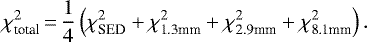 \begin{equation*} {\chi}^2_{\textrm{total}}\,{=}\,\frac{1}{4}\left({\chi}^2_{\textrm{SED}} &#x002B; {\chi}^2_{\textrm{1.3mm}} &#x002B; {\chi}^2_{\textrm{2.9mm}} &#x002B; {\chi}^2_{\textrm{8.1mm}}\right).\end{equation*}