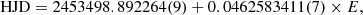 $$ \begin{aligned} \mathrm{HJD}=2453498.892264(9)+0.0462583411(7) \times E, \end{aligned} $$