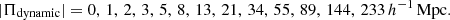 $$ \begin{aligned} |\Pi _{\rm dynamic}| = 0,\,1,\,2,\,3,\,5,\,8,\,13,\,21,\,34,\,55,\,89,\,144,\,233\,h^{-1}\,\mathrm{Mpc}. \end{aligned} $$