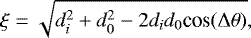 \begin{equation*} \xi = \sqrt{d_i^2&#x002B;d_0^2-2 d_i d_0 \textrm{cos}(\Delta \theta)} ,\end{equation*}