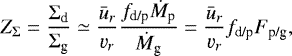 \begin{eqnarray*} Z_{\Sigma} = \frac{\Sigma_{\textrm{d}}}{\Sigma_{\textrm{g}}} \simeq \frac{\bar{u}_r}{\varv_r} \frac{f_{\textrm{d/p}} \dot{M}_{\textrm{p}}}{\dot{M}_{\textrm{g}}} = \frac{\bar{u}_r}{\varv_r} f_{\textrm{d/p}} F_{\textrm{p/g}},\end{eqnarray*}