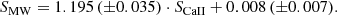 $$ \begin{aligned} S_{\rm MW} = 1.195 \, (\pm 0.035) \cdot S_{\rm CaII} + 0.008 \, (\pm 0.007). \end{aligned} $$