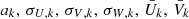 $ a_k,\, \sigma_{U,k},\, \sigma_{V,k}, \, \sigma_{W,k},\, \bar{U}_k,\, \bar{V}_k $