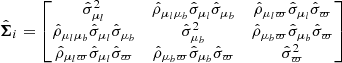 $$ \begin{aligned} \hat{\boldsymbol{\Sigma }}_i = \begin{bmatrix} \hat{\sigma }_{\mu _l}^2&\hat{\rho }_{\mu _l\mu _b}\hat{\sigma }_{\mu _l}\hat{\sigma }_{\mu _b}&\hat{\rho }_{\mu _l\varpi }\hat{\sigma }_{\mu _l}\hat{\sigma }_{\varpi } \\ \hat{\rho }_{\mu _l\mu _b}\hat{\sigma }_{\mu _l}\hat{\sigma }_{\mu _b}&\hat{\sigma }_{\mu _b}^2&\hat{\rho }_{\mu _b\varpi }\hat{\sigma }_{\mu _b}\hat{\sigma }_{\varpi } \\ \hat{\rho }_{\mu _l\varpi }\hat{\sigma }_{\mu _l}\hat{\sigma }_{\varpi }&\hat{\rho }_{\mu _b\varpi }\hat{\sigma }_{\mu _b}\hat{\sigma }_{\varpi }&\hat{\sigma }_{\varpi }^2 \end{bmatrix} \end{aligned} $$