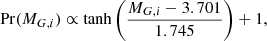 $$ \begin{aligned} \mathrm{Pr} (M_{G,i}) \propto \tanh \Bigg (\frac{M_{G,i}-3.701}{1.745}\Bigg ) + 1, \end{aligned} $$