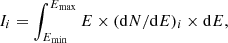 $$ \begin{aligned} I_i=\int _{E_{\rm min}}^{E_{\rm max}}{E \times (\mathrm{d}N/\mathrm{d}E)_i \times \mathrm{d}E}, \end{aligned} $$
