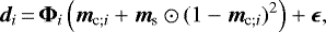 \begin{equation*} {\vec d}_i\,{=}\,\boldsymbol{\Phi}_i \left({\vec m}_{\textrm{c};i} &#x002B; {\vec m}_{\textrm{s}} \odot (1-{\vec m}_{\textrm{c};i})^2 \right) &#x002B; \bm{\epsilon},\end{equation*}