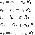 $$ \begin{aligned} \begin{aligned}&a_{\rm s} = a_{\rm b} + \sigma _{a}\,R_{1} \\&e_{\rm s} = e_{\rm b} + \sigma _{e}\,R_{2} \\&i_{\rm s} = i_{\rm b} + \sigma _{i}\,R_{3} \\&\Omega _{\rm s} = \Omega _{\rm b} + \sigma _{\Omega }\,R_{4} \\&\omega _{\rm s} = \omega _{\rm b} + \sigma _{\omega }\,R_{5}, \end{aligned} \end{aligned} $$