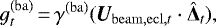 \begin{equation*} g_{t}^{(\mathrm{ba})}\,{=}\,\gamma^{(\mathrm{ba})}(\bm{U}_{\mathrm{beam},\mathrm{ecl},t}\cdot {\hat{\bm \Delta}_t}), \end{equation*}