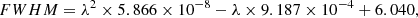 $$ \begin{aligned} {FWHM} = \lambda ^2 \times 5.866 \times 10^{-8} - \lambda \times 9.187 \times 10^{-4} + 6.040 \text{,} \end{aligned} $$