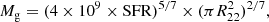 $$ \begin{aligned} M_{\rm g} = (4\times 10^9 \times \mathrm{SFR})^{5/7} \times (\pi R_{22}^2)^{2/7} \text{,} \end{aligned} $$