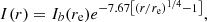 $$ \begin{aligned} I(r)=I_{b}(r_{\rm e})e^{-7.67\left[(r/r_{\rm e})^{1/4}-1\right]}\text{,} \end{aligned} $$