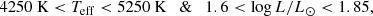 $$ \begin{aligned} 4250 \ \text{K}&< T_\mathrm{eff} < 5250 \ \text{K} \quad \& \quad 1.6 < \log {L/L_\odot } < 1.85 ,\end{aligned} $$