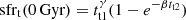 $ {\rm sfr}_\mathrm{t}(0\,\text{Gyr}) = t_\mathrm{t1}^\gamma (1-e^{-\beta t_\mathrm{t2}}) $