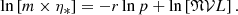 $$ \begin{aligned} \ln \left[m\times \eta _{*}\right]=-r \ln p+ \ln \left[\mathfrak{N} \mathcal{V} L\right]. \end{aligned} $$
