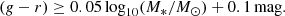 $$ \begin{aligned} ({ g}-r) \ge 0.05\log _{10}(M_{*}/{M_{\odot }}) + 0.1\, \mathrm{mag} . \end{aligned} $$