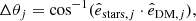 $$ \begin{aligned} \Delta \theta _j = \cos ^{-1}(\hat{e}_{\mathrm{stars},j} \cdot \hat{e}_{\mathrm{DM},j}), \end{aligned} $$