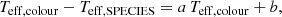$$ \begin{aligned} T_{\mathrm{eff,colour} } - T_{\mathrm{eff,SPECIES} } = a\, T_{\mathrm{eff,colour} } + b, \end{aligned} $$