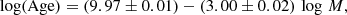 $$ \begin{aligned}&\log ({\mathrm{Age} }) = (9.97 \pm 0.01) - (3.00 \pm 0.02)\,\log \,M,\end{aligned} $$