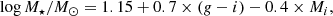 $$ \begin{aligned} \log M_\star /M_\odot = 1.15 + 0.7 \times (g-i) - 0.4 \times M_i, \end{aligned} $$