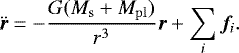 \begin{equation*}\ddot{\bm{r}}=-\frac{G(M_{\rm{s}}&#x002B;M_{\rm{pl}})}{r^3}{\bm r}&#x002B;\sum_{i}{{\bm f}_{{i}}}. \end{equation*}