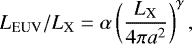 \begin{equation*} L_{\textrm{EUV}}/L_{\textrm{X}}=\alpha\left(\frac{L_{\textrm{X}}}{4\pi{}a^2}\right)^{\gamma}, \end{equation*}