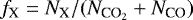 $f_{\textrm{X}}=N_{\textrm{X}}/(N_{\textrm{CO}_2}&#x002B;N_{\textrm{CO}})$
