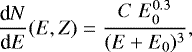 \begin{eqnarray*} \frac{\textrm{d}N}{\textrm{d}E}(E,Z) = \frac{C\;E_0^{0.3}}{(E&#x002B;E_0)^3},\end{eqnarray*}