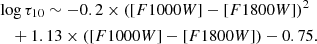 $$ \begin{aligned}&\log \tau _{10} \sim -0.2\times ([F1000W]-[F1800W])^2 \nonumber \\&\quad + 1.13\times ([F1000W]-[F1800W]) -0.75. \end{aligned} $$