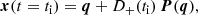 $$ \begin{aligned}&\boldsymbol{x}(t=t_{\rm i})=\boldsymbol{q} + D_+(t_{\rm i})\, \boldsymbol{P}(\boldsymbol{q}), \end{aligned} $$