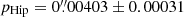 $ p_{\mathrm{Hip}} = 0{{\overset{\prime\prime}{.}}}00403\pm0.00031 $